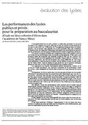 Performances (les) des lycées publics et privés pour la préparation au baccalauréat. (Etude sur deux cohortes d'élèves dans l'académie de NANCY-METZ). | LIENSOL, Bruno