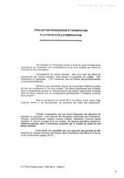 Evaluation pédagogique et orientation à la fin du cycle d'observation. | France. Ministère de l'Education nationale (MEN). Direction de l'évaluation et de la prospective (DEP)