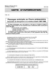 Passages anticipés au Cours Préparatoire : demandes de dérogations à la rentrée scolaire 1987-1988 / Bernadette Hee | HEE, Bernadette. Auteur