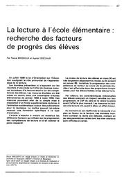 Lecture (la) à l'école élémentaire : recherche des facteurs de progrès des élèves. | BRESSOUX, Pascal