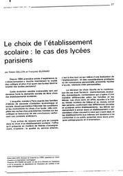 Choix (le) de l'établissement scolaire : le cas des lycées parisiens. | BALLION, Robert