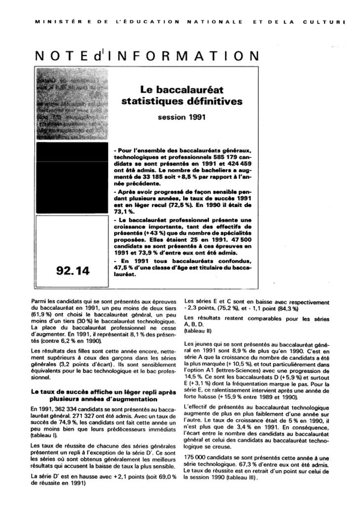 Le baccalauréat ; statistiques définitives ; session 1991 | CASABIANCA, Marthe