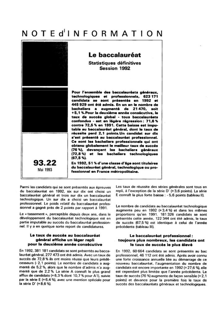 Baccalauréat (le) ; statistiques définitives ; session 1992. | CASABIANCA, Marthe