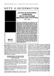 Taux (les) de scolarisation académiques dans le second degré des jeunes entre 16 et 20 ans ; 1991-1992. | POULET, Pascale