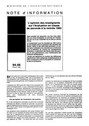 Opinion (l') des enseignants sur l'évaluation en classe de seconde à la rentrée 1993. | PERETTI, Claudine