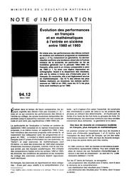 Evolution des performances en français et en mathématiques à l'entrée en sixième entre 1980 et 1993 | BRIZARD, Agnès