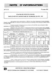 Situation des effectifs d'élèves dans les instituts universitaires de technologie en 1972-1973 | France. Ministère de l'Education nationale (MEN)