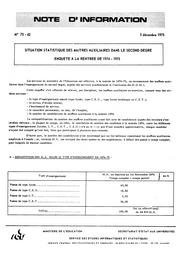 Situation statistique des maîtres auxiliaires dans le second degré ; Enquête à la rentrée de 1974-1975 | France. Ministère de l'Education nationale (MEN)