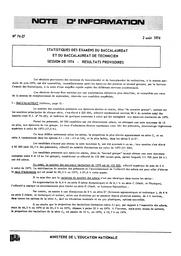 Statistiques des examens du baccalauréat et du baccalauréat de technicien, session de 1974. Résultats provisoires | France. Ministère de l'Education nationale (MEN)