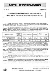 Le personnel des enseignements préscolaire, élémentaire et spécial publics. Evolution des effectifs et situation en 1974-1975 | France. Ministère de l'Education nationale (MEN)