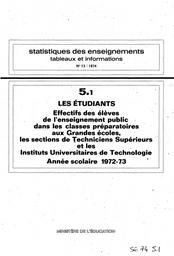 Statistiques des enseignements : Tableaux et informations. Chapitre 5, Les étudiants. Fascicule 1, Effectifs des élèves de l'enseignement public et privé dans les CPGE, les STS et IUT : année scolaire 1972-73 / Ministère de l'éducation nationale. Service d'informations économiques et statistiques | France. Ministère de l'éducation nationale (MEN). Service d'informations économiques et statistiques (SEIS). Service des statistiques et sondages (SSS)