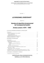 Statistiques des enseignements : Tableaux et informations. Chapitre 3, Le personnel enseignant . Fascicule 3.1, Nombre et répartition du personnel de l'enseignement public - Année scolaire 1979-1980 / Ministère de l'éducation nationale. Service des études informatiques et statistiques | France . Ministère de l'éducation nationale (MEN). Service des études informatiques et statistiques (SEIS). Service central des statistiques et sondages (SCSS)