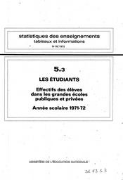 Statistiques des enseignements : Tableaux et informations. Chapitre 5, Les étudiants. Fascicule 3, Effectifs des élèves dans les grandes écoles publiques et privées : année scolaire 1971-1972 / Ministère de l'éducation nationale. Direction chargée de la prévision | France. Ministère de l'éducation nationale (MEN). Direction chargée de la prévision (DIPRE). Service central des statistiques et sondages (SCSS)