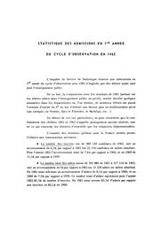 Statistique des admissions en première année du cycle d'observation en 1962. | France. Ministère de l'Education nationale (MEN)