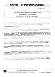 Statistique des examens du baccalauréat et du baccalauréat de technicien, session de 1973. Résultats provisoires | France. Ministère de l'Education nationale (MEN)