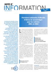 Prévisions nationales d'effectifs d'élèves du second degré pour les rentrées 2001 et 2002. | FERRAIT, Laure. Auteur