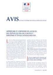 Apprécier et certifier les acquis des élèves en fin de collège : brevet et évaluations-bilans : Juin 2001 : Rapport établi à la demande du Haut Conseil de l’évaluation de l’école / Michel SALINES, Inspecteur d'académie honoraire; Pierre VRIGNAUD, Chercheur Institut national d'étude du travail et d'orientation professionnelle, Conservatoire national des arts et métiers | THELOT, Claude. Directeur de publication