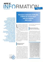 Prévisions nationales d'effectifs d'élèves du second degré pour les rentrées 2003 et 2004. | FERRAIT, Laure