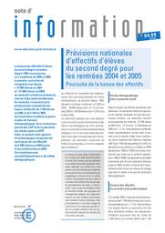 Prévisions nationales d'effectifs d'élèves du second degré pour les rentrées 2004 et 2005 : Poursuite de la baisse des effectifs. | FERRAIT, Laure