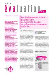 Les évaluations en lecture dans le cadre de la journée d'appel de préparation à la défense : Année 2003 / Thierry Rocher | ROCHER, Thierry. Auteur