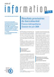 Résultats provisoires du baccalauréat ; France métropolitaine ; session de juin 2004. | LIAIGRE, Alain