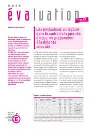 Les évaluations en lecture dans le cadre de la journée d'appel de préparation à la défense : Année 2005 / Fanny de La Haye, IUFM de Bretagne; Jean-Émile Gombert,université, Rennes 2; Jean-Philippe Rivière, université Paris 5; Thierry Rocher; DEPP B2 | ROCHER, Thierry. Auteur