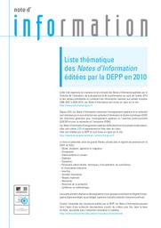 Liste thématique des Notes d’Information éditées par la DEPP en 2010 / Ministère de l'Education nationale, de la jeunesse et de la vie associative. Direction de l'évaluation, de la prospective et de la performance | QUERE, Michel. Directeur de publication