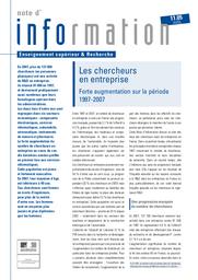 Chercheurs (les) en entreprise. Forte augmentation sur la période 1997-2007. | PERRAIN, Laurent