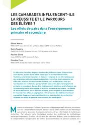 Education & Formations : La réussite des élèves : contextes familiaux, sociaux et territoriaux : N° 100. article 02, Les camarades influencent-ils la réussite et le parcours des élèves ? : les effets de pairs dans l’enseignement primaire et secondaire / Olivier Monso, Denis Fougère, Pauline Givord, Claudine Pirus | MONSO, Olivier. Auteur