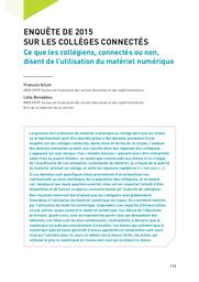 Education & Formations : L'égalité entre les filles et les garçons, entre les femmes et les hommes, dans le système éducatif : Volume 2 – suite du n° 96.- n° 97, sept. 2018. article 6, Enquête de 2015 sur les collèges connectés. Ce que les collégiens, connectés ou non, disent de l’utilisation du matériel numérique / François Alluin, Leïla Benaddou | ALLUIN, François. Auteur