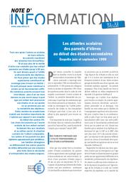 Les attentes scolaires des parents d'élèves au début des études secondaires : enquête juin et septembre 1998 / Christelle Chausseron | CHAUSSERON, Christelle. Auteur