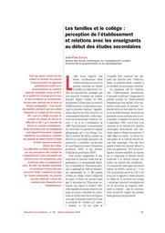 Education & Formations : 60 : juillet-septembre 2001. Chap. 2, Les familles et le collège : perception de l'établissement et relations avec les enseignants au début des études secondaires. / Jean-Paul Caille | CAILLE, Jean-Paul. Auteur