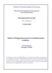 Document de travail : Série « Méthodes » . N°2019-M02, Indice d’éloignement pour les établissements scolaires / Sylvain Maugis, Mustapha Touahir | MAUGIS, Sylvain. Auteur