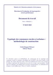 Document de travail : Série « Méthodes » . N°2019-M03, Typologie des communes rurales et urbaines : méthodologie de construction / Cécile Duquet-Métayer, Olivier Monso | METAYER, Cécile. Auteur