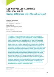 Education & formations : L'égalité entre les filles et les garçons, entre les femmes et les hommes, dans le système éducatif : n° 96 mars 2018. Article 03, Les nouvelles activités périscolaires : quelles différences entre filles et garçons ? / Véronique Barthélémy, Benoit Dejaiffe, Gaëlle Espinosa | BARTHELEMY , Véronique . Auteur