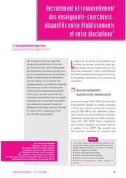 Education & Formations : Le thème : L’enseignement supérieur grandes évolutions depuis 15 ans : n° 67 mars 2004. artcile 05, Recrutement et renouvellement des enseignants-chercheurs : disparités entre établissements et entre disciplines / Jean-Richard Cytermann, Marc Bideault, Pasquin Rossi, Loïc Thomas | CYTERMANN, Jean-Richard. Auteur