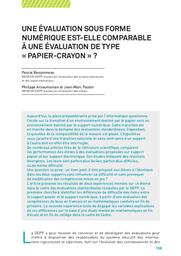 Education & Formations : Évaluation des acquis : principes, méthodologie, résultats : n° 86-87 - mai 2015. article 08, Une évaluation sous forme numérique est-elle comparable à une évaluation de type « papier-crayon » ? / Pascal Bessonneau, Philippe Arzoumanian, Jean-Marc Pastor | BESSONNEAU, Pascal. Auteur