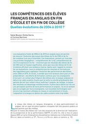 Education & Formations : Évaluation des acquis : principes, méthodologie, résultats : n° 86-87 - mai 2015. article 09, Les compétences des élèves français en anglais en fin d'école et en fin de collège : quelles évolutions de 2004 à 2010 ? / Sylvie Beuzon, Émilie Garcia, Corinne Marchois | BEUZON, Sylvie. Auteur