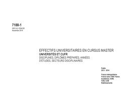 Effectifs universitaires en cursus master : universités et CUFR ; par discipline, diplôme préparé, année d'études, secteur disciplinaire, public, 2013-2014 / Diane Marlat, Ophélie Rogel | MARLAT, Diane. Auteur