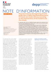 Placement test for the beginning of tenth grade class in 2020 : improved performance in French, but results still vary according to the characteristics of the students and the schools / Sandra Andreu, Anaïs Bret, Léa Chabanon, Reinaldo Dos Santos, Hélène Durand de Monestrol, Laure Heidmann, Nathalie Marin, Charles Philippe, Thierry Rocher, Franck Salles, Ronan Vourc’h | ANDREU, Sandra. Auteur