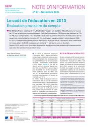 Le coût de l'éducation en 2013 : évaluation provisoire du compte / Jean-Pierre Dalous et Martine Jeljoul | JELJOUL, Martine. Auteur