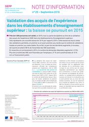 Validation des acquis de l'expérience dans les établissements d'enseignement supérieur : la baisse se poursuit en 2015 / Sandrine Prost | PROST, Sandrine. Auteur