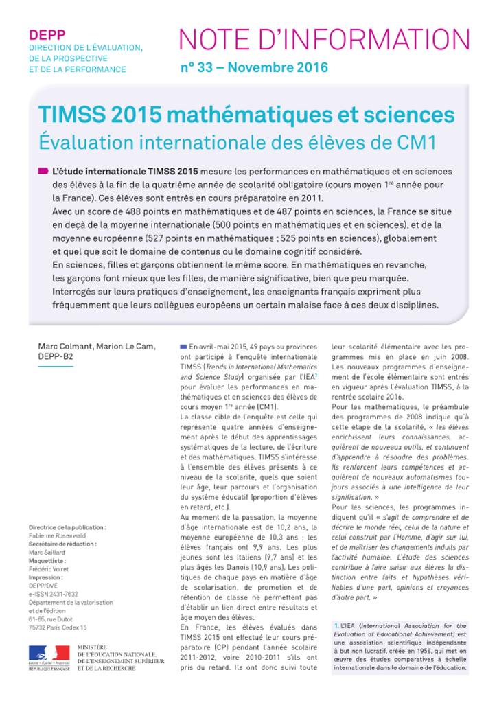 TIMSS 2015 mathématiques et sciences : évaluation internationale des élèves de CM1 / Marc Colmant, Marion Le Cam | COLMANT, Marc. Auteur