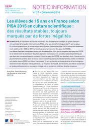 Les élèves de 15 ans en France selon PISA 2015 en culture scientifique : des résultats stables, toujours marqués par de fortes inégalités / Anaïs Bret, Saskia Keskpaik, Léa Roussel et Irène Verlet | VERLET, Irène. Auteur