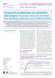 Dispositif académique de validation des acquis : nouveau recul du nombre des diplômes délivrés par la VAE en 2015 / Dominique Abriac | ABRIAC, Dominique. Auteur