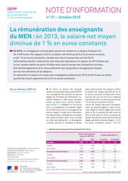 La rémunération des enseignants du MEN : en 2013, le salaire net moyen diminue de 1 % en euros constants / Marion Defresne | DEFRESNE, Marion. Auteur