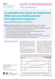 La validation des acquis de l'expérience (VAE) dans les établissements d'enseignement supérieur : nouvelle baisse en 2014 / Sandrine Prost | PROST, Sandrine. Auteur