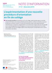 L'expérimentation d'une nouvelle procédure d'orientation en fin de collège / Roseline Verdon, Pascal Bessonneau et Olivier Cosnefroy | VERDON, Roseline. Auteur