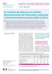 Le nombre de départs en retraite des personnels de l'éducation nationale a fortement diminué entre 2003 et 2013 / Alexandra Louvet | LOUVET, Alexandra. Auteur