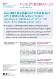 Évolution des acquis en début de CE 2 entre 1999 et 2013 : les progrès observés à l'entrée au CP entre 1997 et 2011 ne sont pas confirmés / Sandra Andreu, Marion Le Cam, Thierry Rocher | ROCHER, Thierry. Auteur